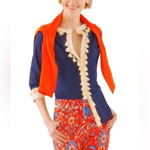 NWT Gretchen Scott Designs Cotton Tassel Button Up Top Navy Blouse 18